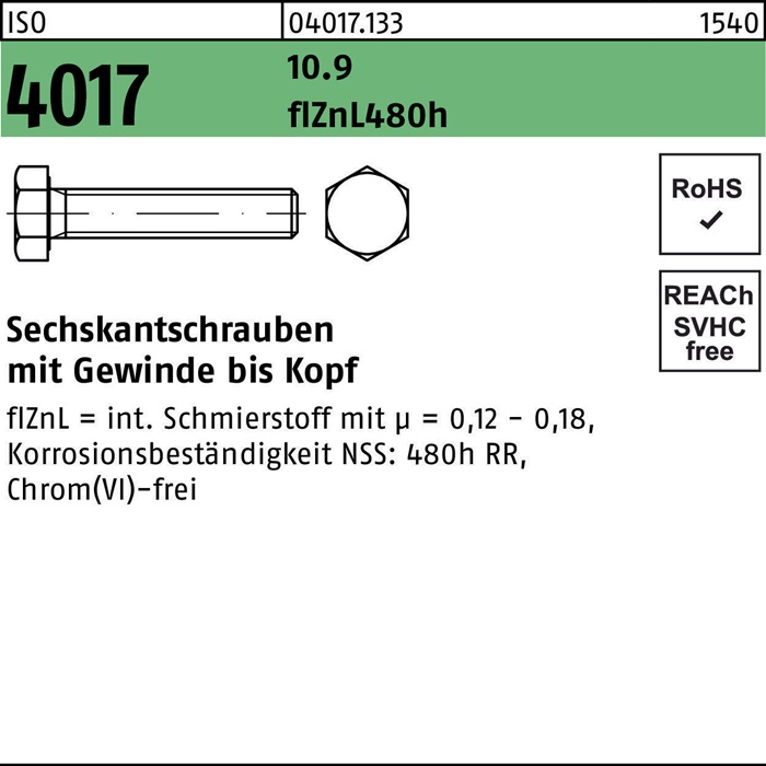 Sechskantschraube ISO 4017 VG M16x 40 10.9 zinklamellenb. 50 Stück