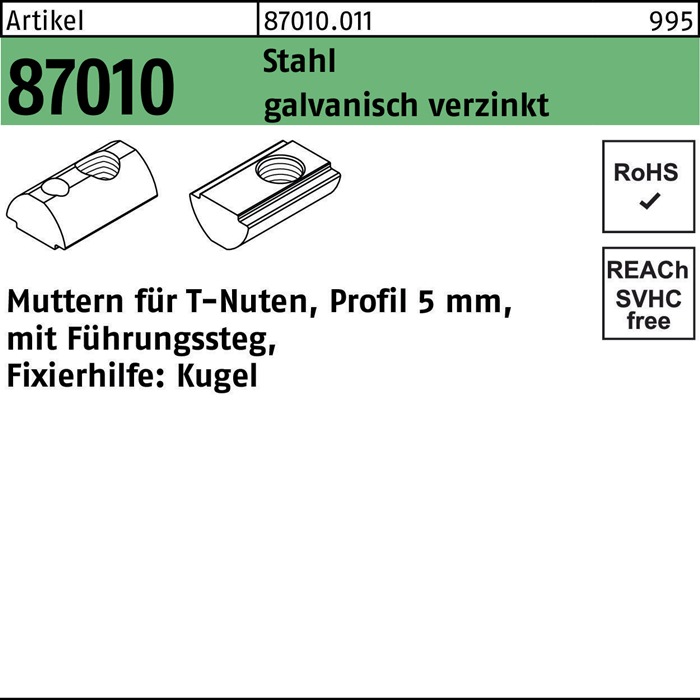T-Nutenmutter R 87010 Führungssteg 5mm M5 Stahl galv.verz. 1000Stück
