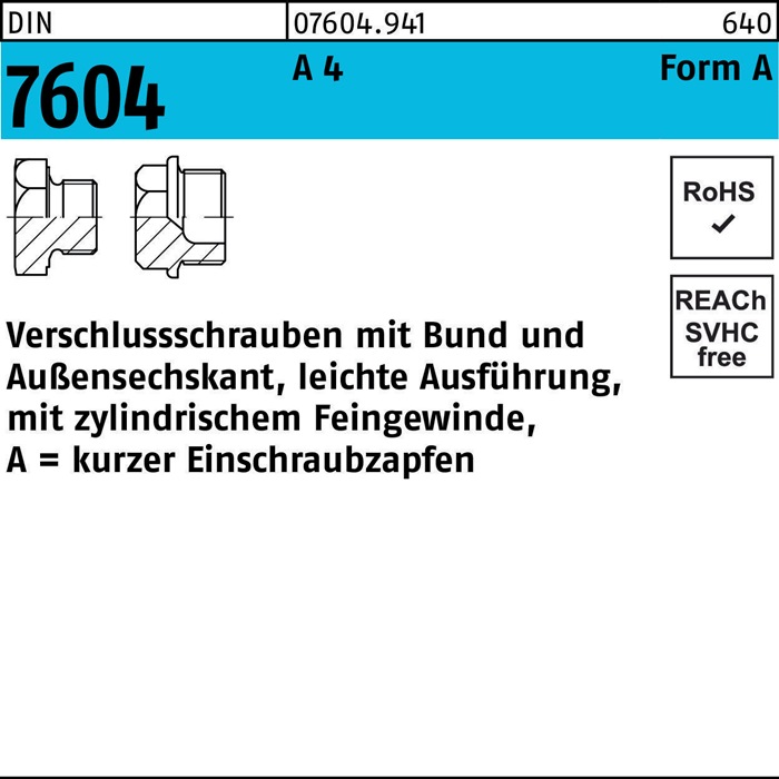Verschlußschraube DIN 7604 m.Bund AM 16 x 1,5 A 4 10 Stück