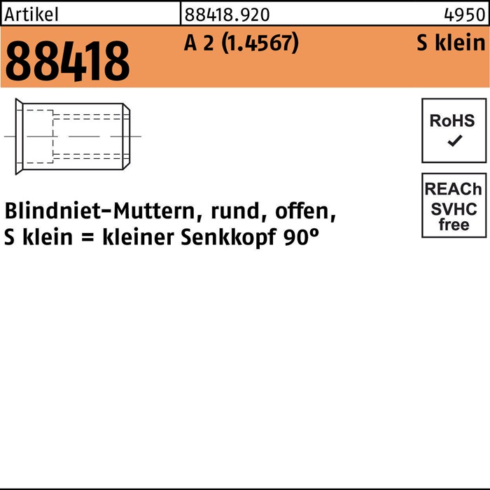 Blindnietmutter R 88418 SEKO M4 /0,25-3,0 A 2 500 Stück
