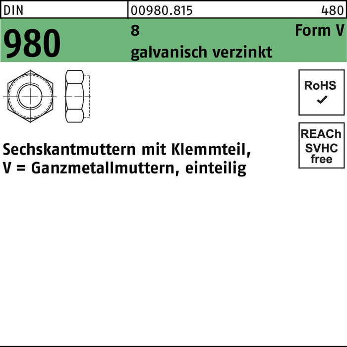 Sechskantmutter DIN 980 Klemmteil VM 14 8 galv.verz. 100 Stück