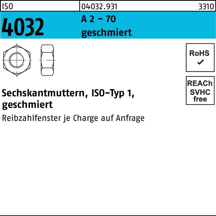 Sechskantmutter ISO 4032 M20 A 2 - 70 geschmiert 25 Stück