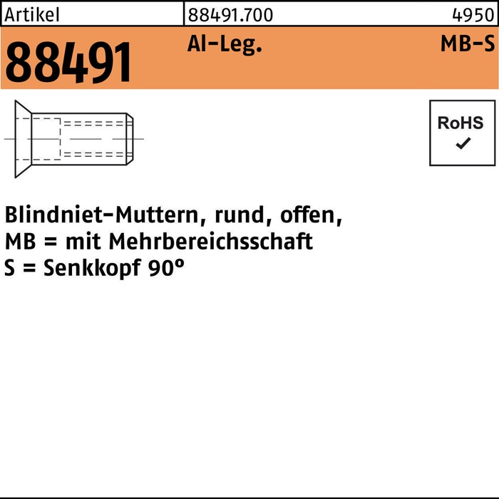 Blindnietmutter R 88491 SEKO M6/1,5 - 6,0 Aluminium 500 Stück