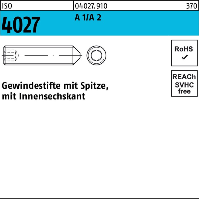 Gewindestift ISO 4027 Spitze/Innen-6kt M8x 45 A 2 100 Stück