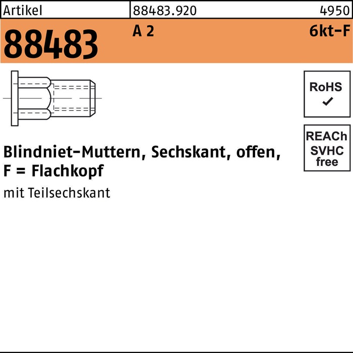 Sechskantblindnietmutter R 88483 FLAKO M4 /0,5 -2,0 A 2 500 Stück