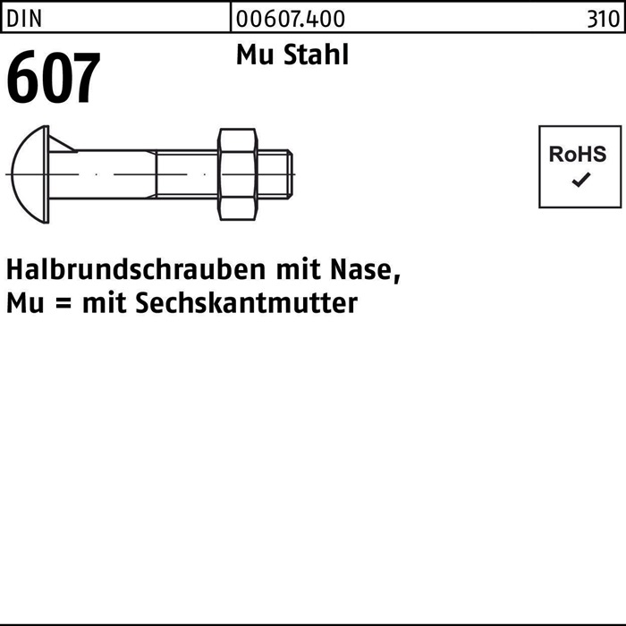 Halbrundschraube DIN 607 Nase/6-ktmutter M8x 35 Mu Stahl 4.6 200 Stück