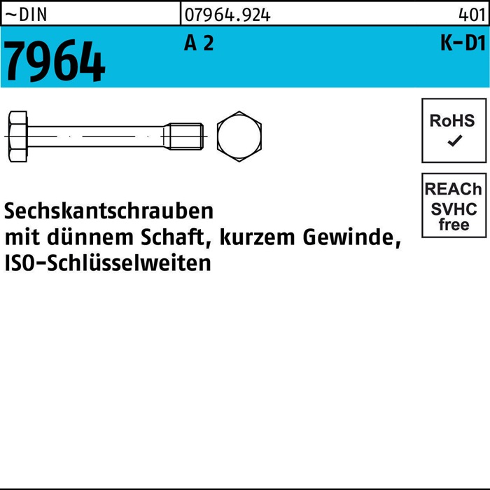 Dünnschaftschraube DIN 7964 Schaft M10x 25/12,5 A 2 50 Stück