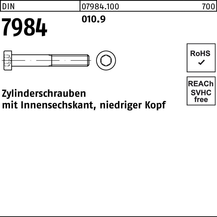 Zylinderschraube DIN 7984 Innen-6kt M4x 20 010.9 500 Stück