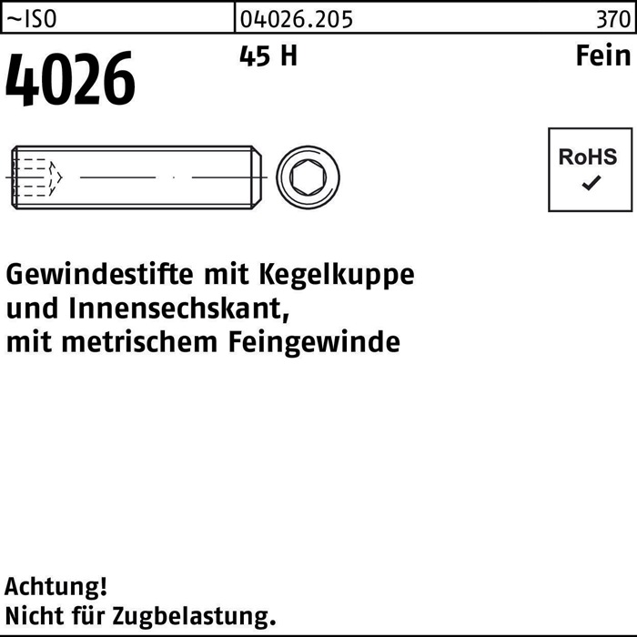 Gewindestift ISO 4026 Kegelkuppe/Innen-6kt M16x 1x 20 45 H 100 Stück