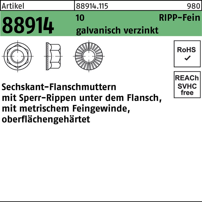 Sechskantflanschmutter R 88914 Sperr-Ripp M14x1,5 10 galv.verz. 100St.
