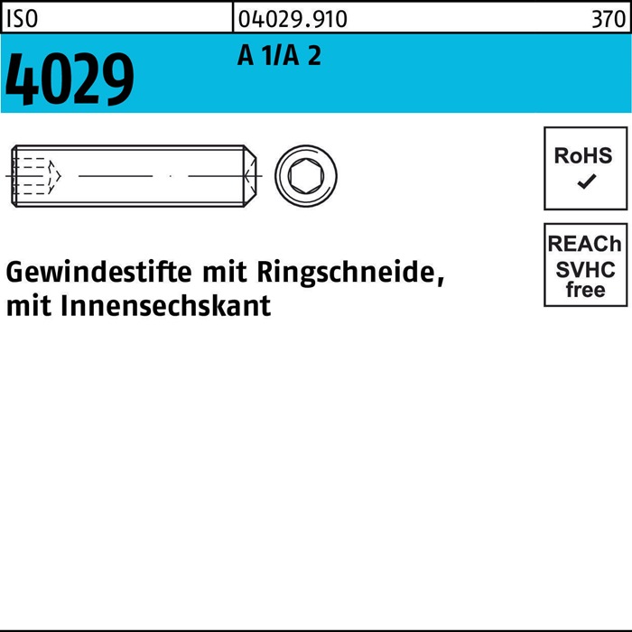 Gewindestift ISO 4029 Ringschneide/Innen-6kt M10x 40 A 2 50 Stück
