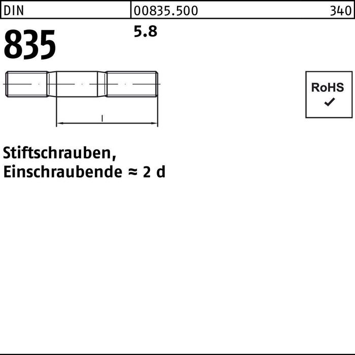 Stiftschraube DIN 835 M8x 35 5.8 Einschraubende=2d 100 Stück