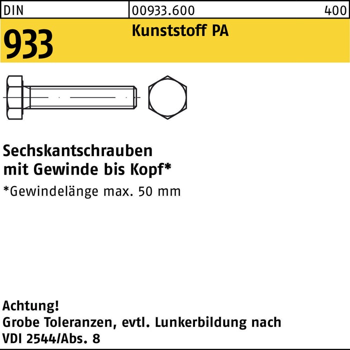 Sechskantschraube DIN 933 VG M4x 8 Polyamid natur 200 Stück