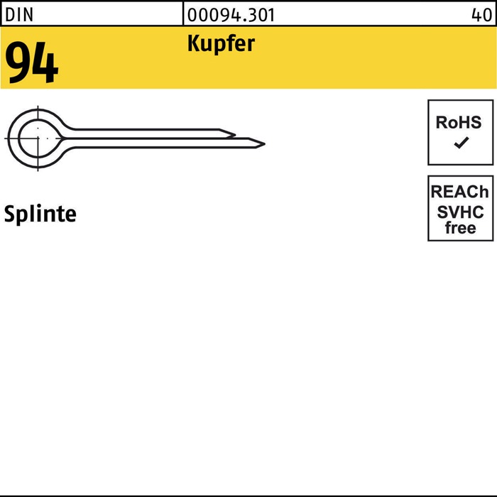 Splinte DIN 94/ISO 1234 4x 40 Kupfer 100 Stück