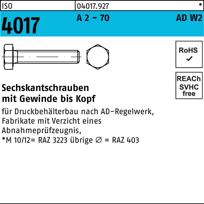 Sechskantschraube ISO 4017 VG M20x 70 A 2 - 70 AD-W2 25 Stück