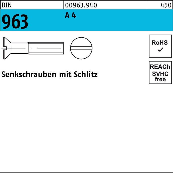 Senkschraube DIN 963 Schlitz M2x 6 A 4 1000 Stück