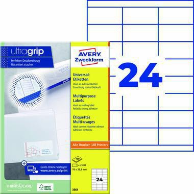 Avery Zweckform Universaletikett 3664 70x33,8mm weiß 2.400 St./Pack.