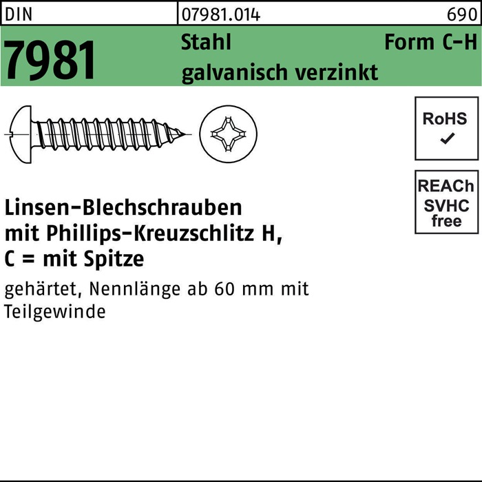 Blechschraube DIN 7981 LIKO PH C2,2x19-H Stahl galv.verz. Spitze 2000St.