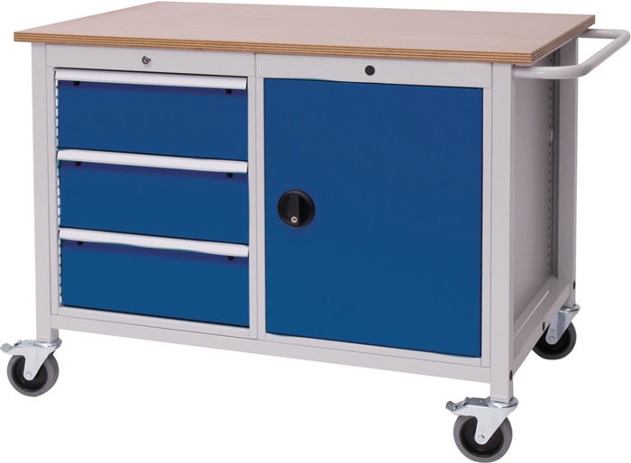 Werkbank B1250xT750xH935mm Buche Multiplex lichtgrau/signalblau 3 Schubl.1 Tür