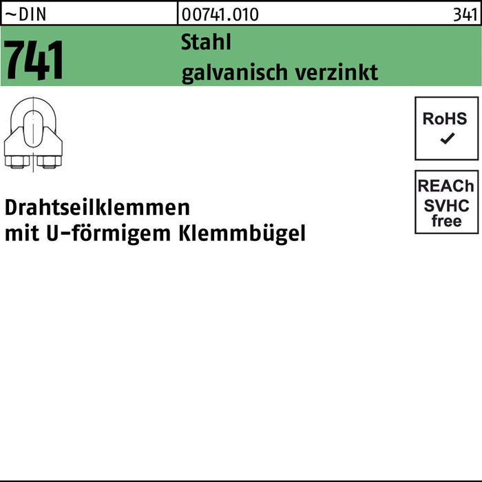 Drahtseilklemme DIN 741 U-förmig 8 MM/M 6 Stahl galv.verz. 100 Stück
