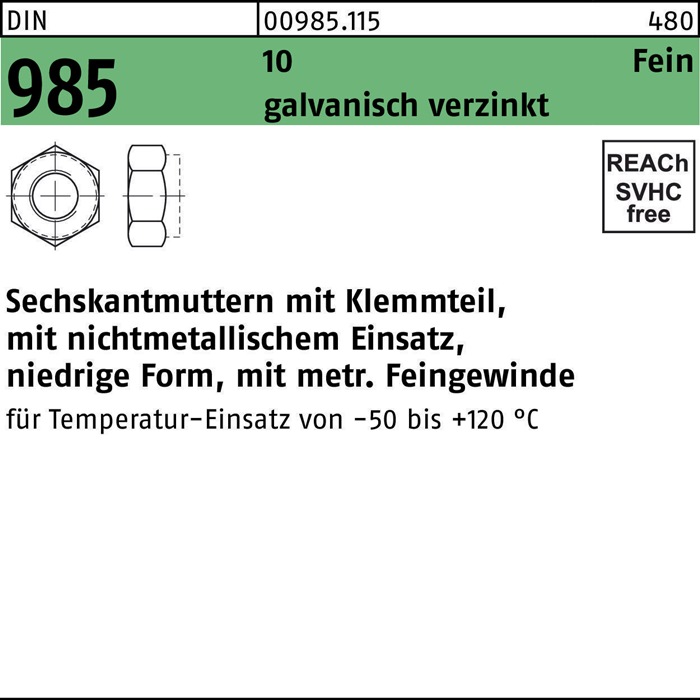 Sechskantmutter DIN 985 Klemmteil M8x 1 10 galv.verz. 100 Stück