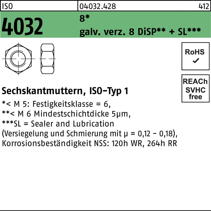 Sechskantmutter ISO 4032 M16 8 galv.verz. 8 DiSP + SL 200 Stück