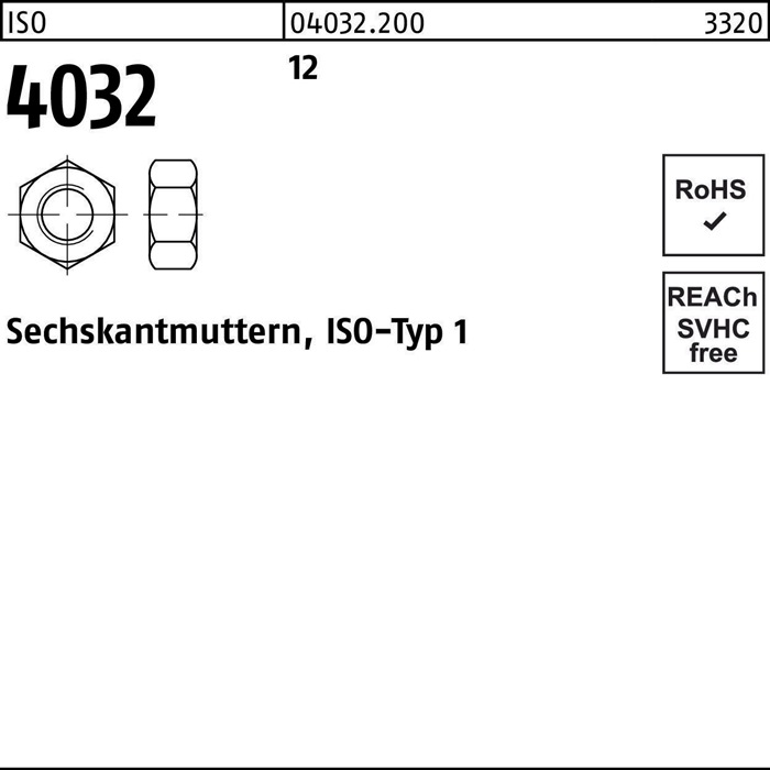 Sechskantmutter ISO 4032 M12 12 500 Stück