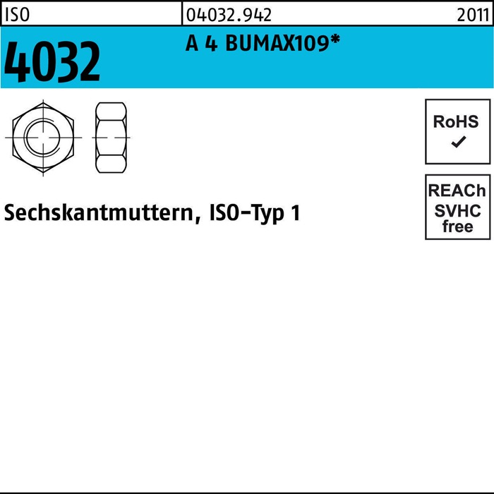 Sechskantmutter ISO 4032 M12 A 4 BUMAX109 50 Stück BUFAB