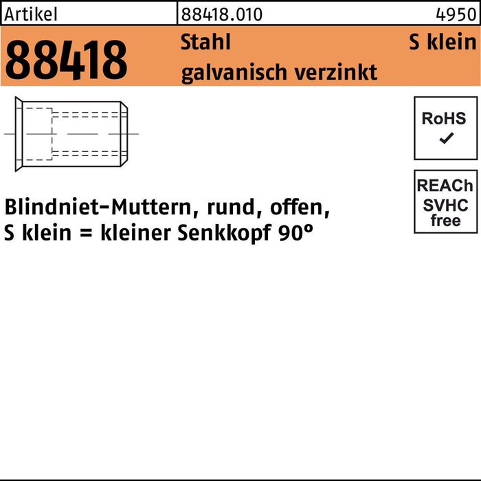Blindnietmutter R 88418 SEKO M8 /0,25-3,5 Stahl galv.verz. 100St.