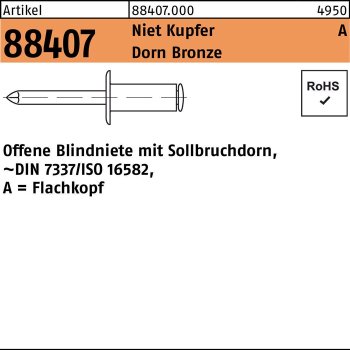 Blindniete R 88407 FLAKO 4x 8 Niet Kupfer/Dorn Bronze 500 Stück