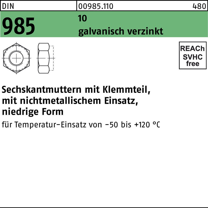 Sechskantmutter DIN 985 Klemmteil M12 10 galv.verz. 100 Stück