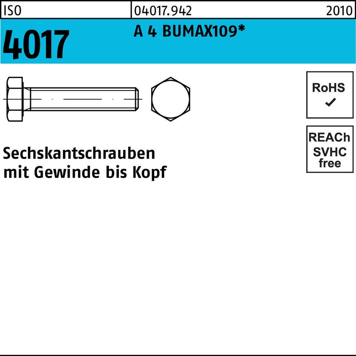 Sechskantschraube ISO 4017 VG M10x 40 A 4 BUMAX109 50 Stück BUFAB