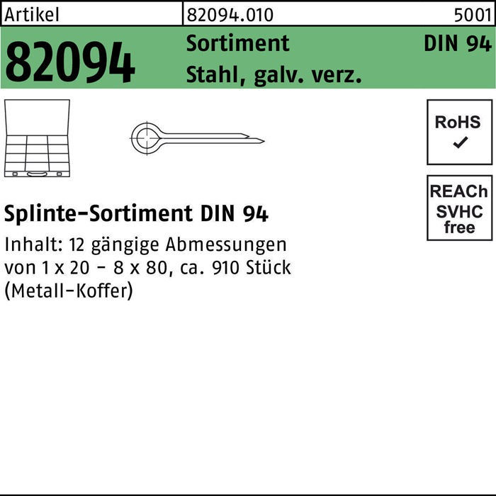 Splintensortiment DIN 94 910tlg. Stahl galv.verz. 1 Stück