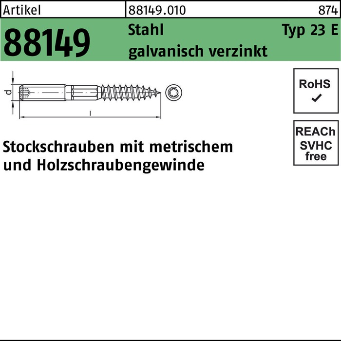 Stockschraube R 88149 Typ 23 E M10x 120 Stahl galv.verz. 50 Stück
