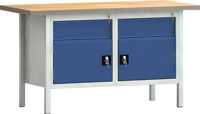 Werkbank PW 700 B1500xT700xH840mm Buche Multiplex lichtgrau/blau 2Schubl.2 Türen
