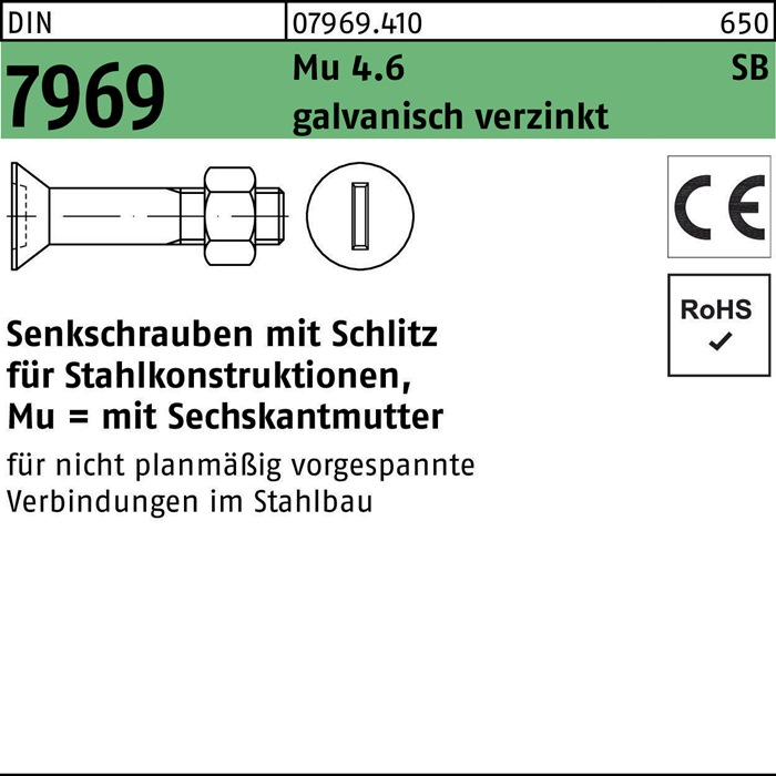 Senkschraube DIN 7969 Schlitz/Mutter M16x 65 4.6 galv.verz. 25Stück