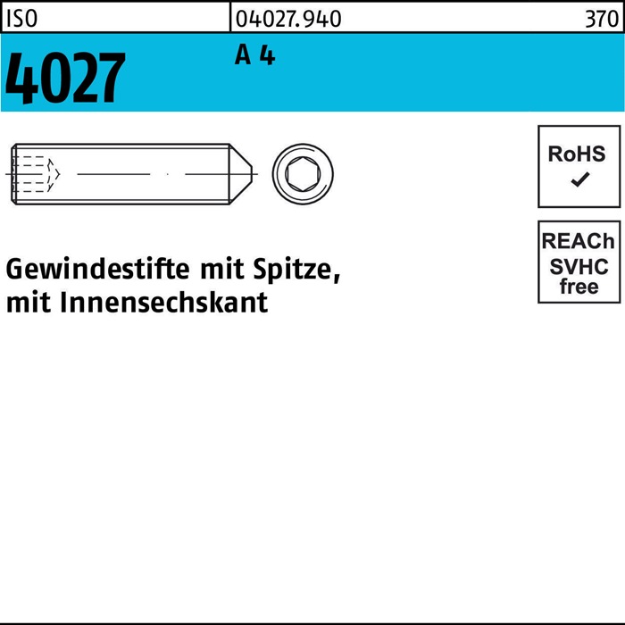 Gewindestift ISO 4027 Spitze/Innen-6kt M4x 10 A 4 500 Stück