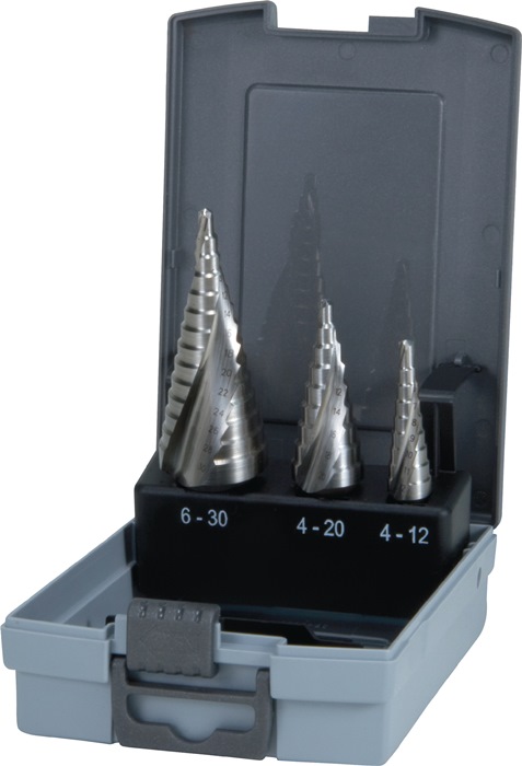 Stufenbohrersatz D.4-12/4-20/4-30mm HSS Spiralnut 3tlg.Ku.-Kass.RUKO