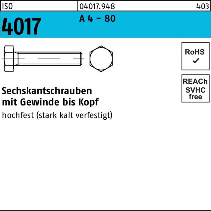 Sechskantschraube ISO 4017 VG M16x 45 A 4 - 80 50 Stück