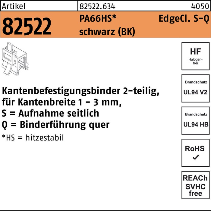 Befestigungsbinder R 82522 Edgecl. 4,6x200/45 PA66HS sw SQ 500St HELLERMANNTYTON