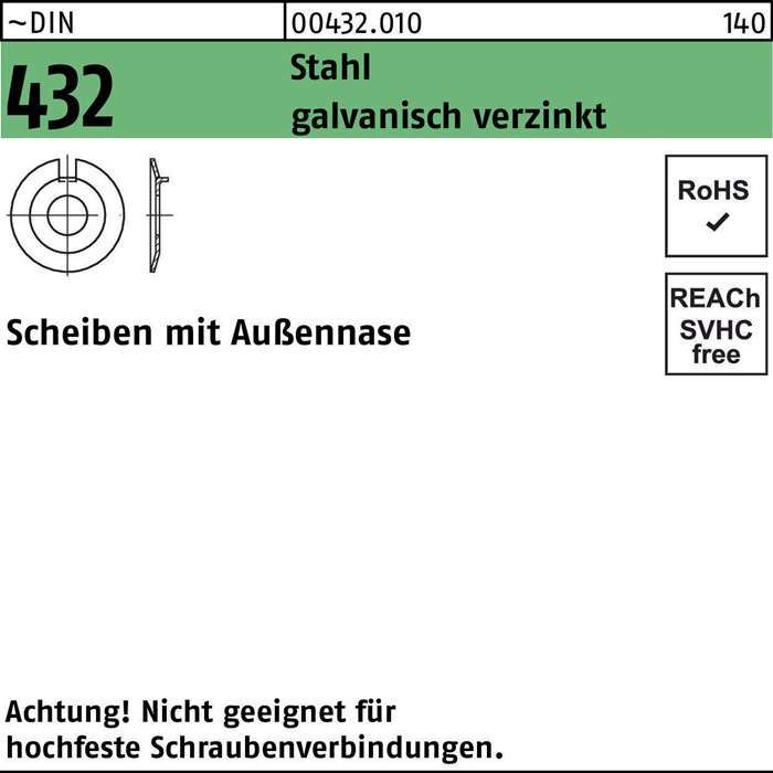 Scheibe DIN 432m.Außennase 25 Stahl galv.verz. 50 Stück