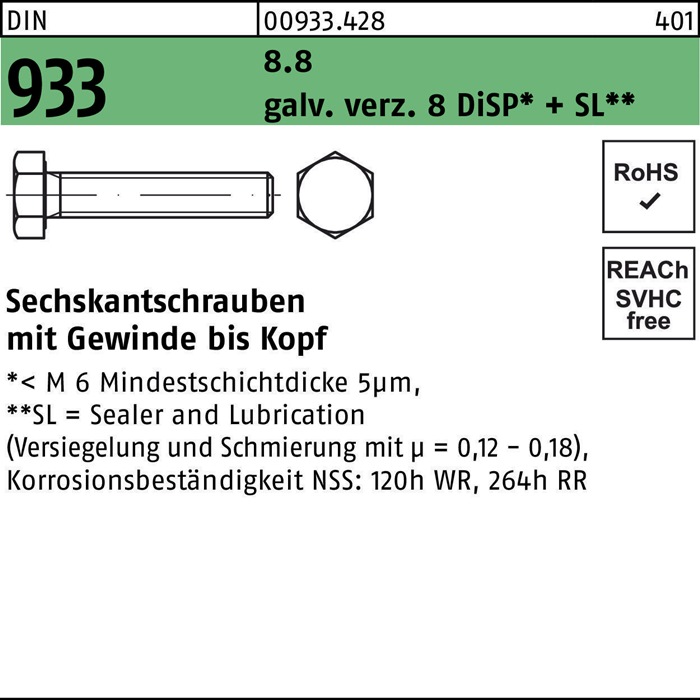 Sechskantschraube DIN 933 VG M5x 10 8.8 gal Zn DiSP + SL 500 Stück