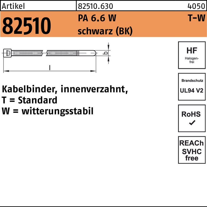 Kabelbinder R 82510 innenverz. 7,6x365 /100 PA 6.6 W sw 100St. HELLERMANNTYTON