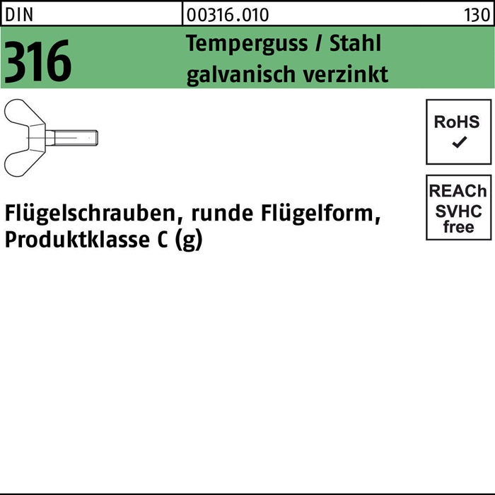 Flügelschraube DIN 316 M5x 30 Temperguss/Stahl galv.verz. 100 Stück