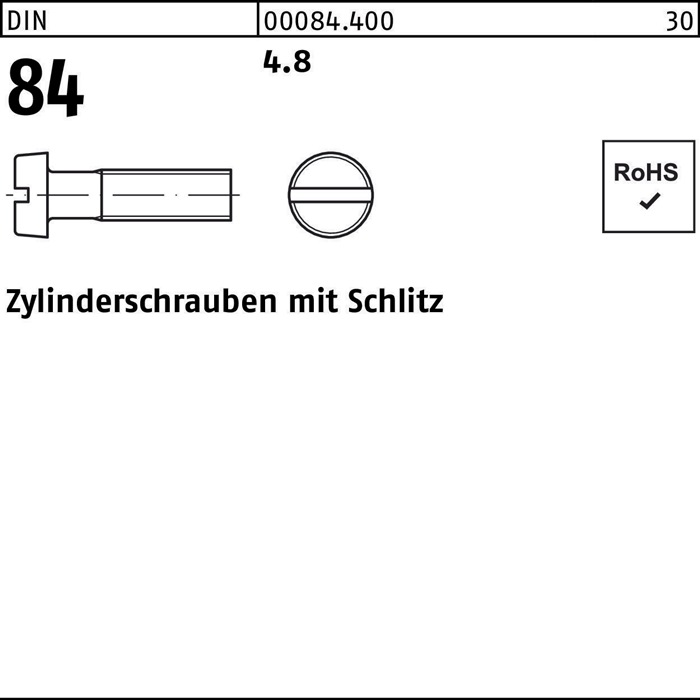 Zylinderschraube DIN 84 m.Schlitz M2,5x 16 4.8 2000 Stück