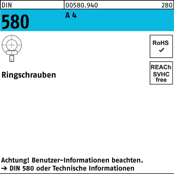 Ringschraube DIN 580 M 20 A 4 Ohne Oberflächenangabe 5 Stück