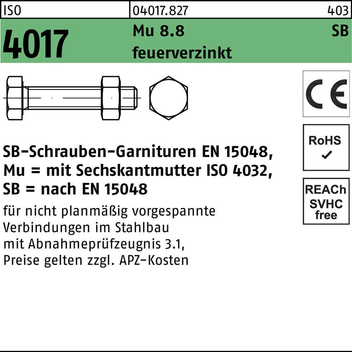 Sechskantschraube ISO 4017 VG Mutter M20x 120 8.8 feuerverz. SB 25 Stück