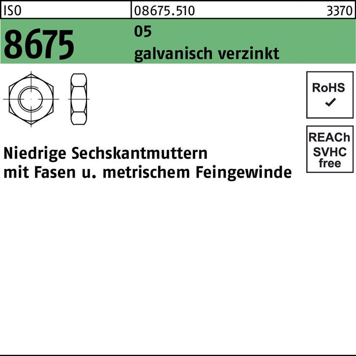 Sechskantmutter ISO 8675 Fasen M14x 1,5 5 galv.verz. 100 Stück