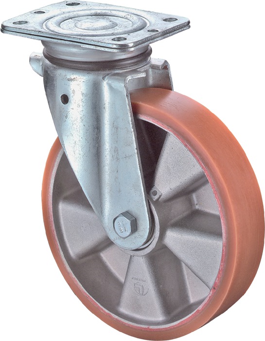Lenkrolle D.200mm Trgf.600kg m.Platte Guß-PUR BS ROLLEN