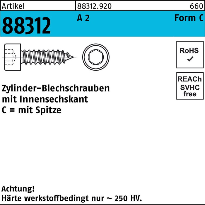 Zylinderblechschraube R 88312 Spitze/Innen-6kt C 4,8x 60 A 2 200 Stück